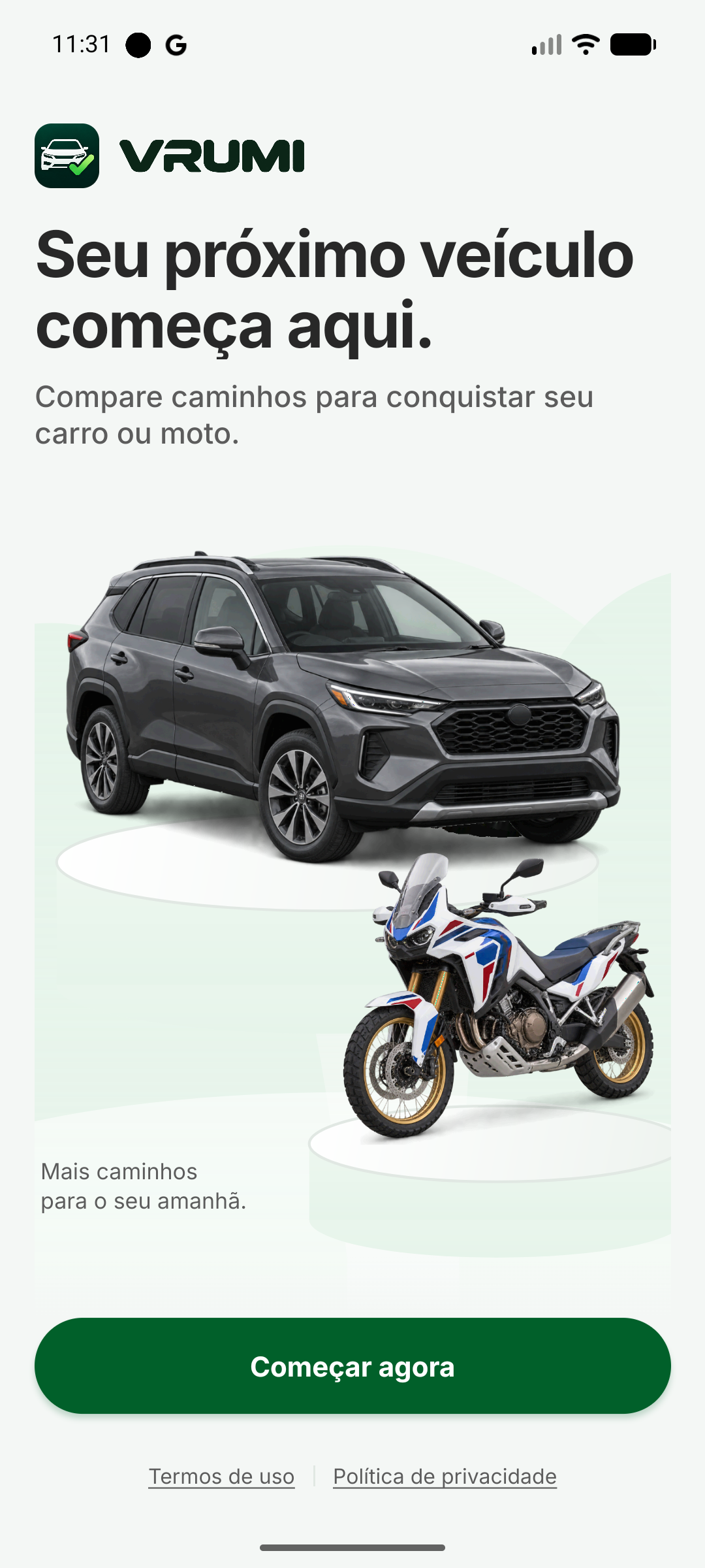 Boas-vindas com o SUV cinza, a moto big trail e o botão Começar agora