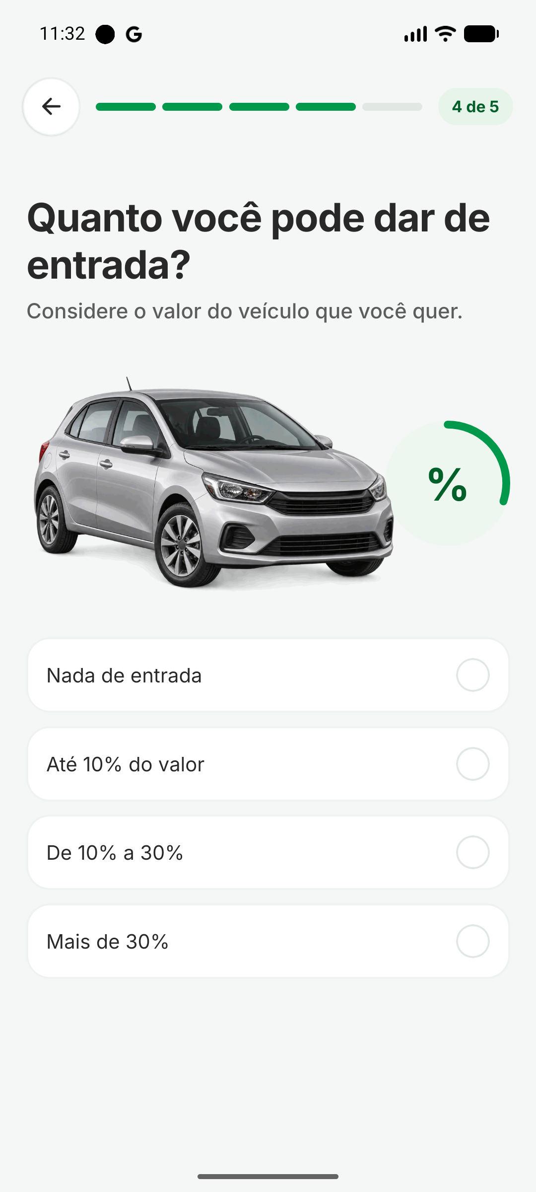 Pergunta 4: entrada, com o anel de porcentagem atrás do carro
