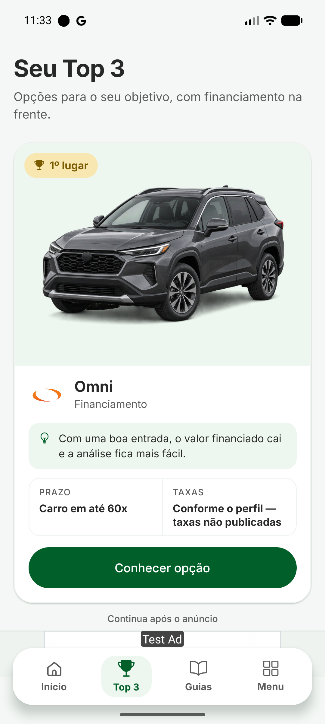 Seu Top 3, com a foto em faixa de topo e prazo e taxas lado a lado