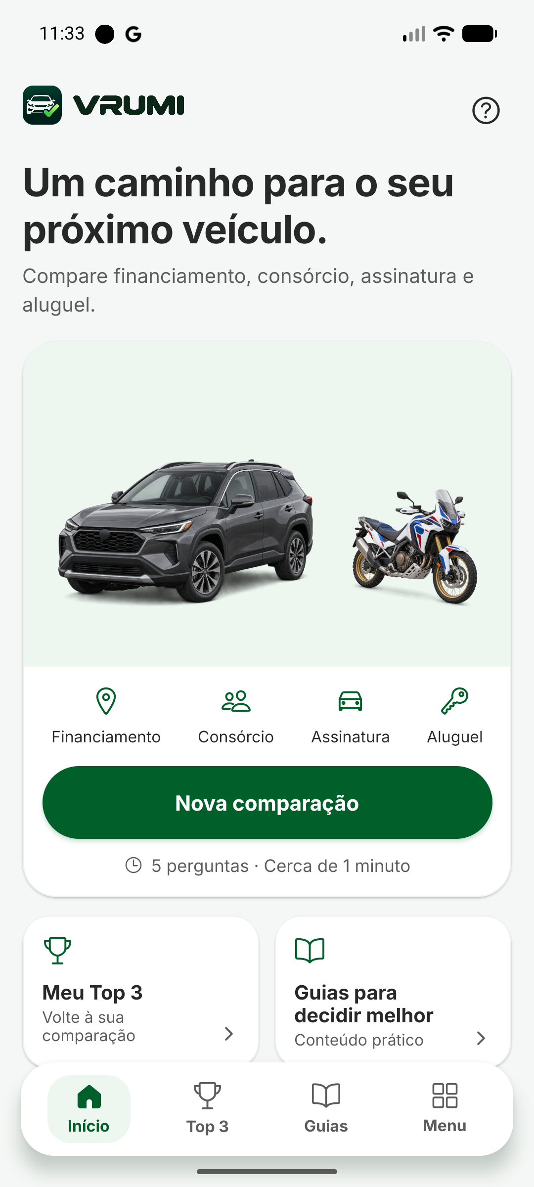 Início com atalhos por modalidade