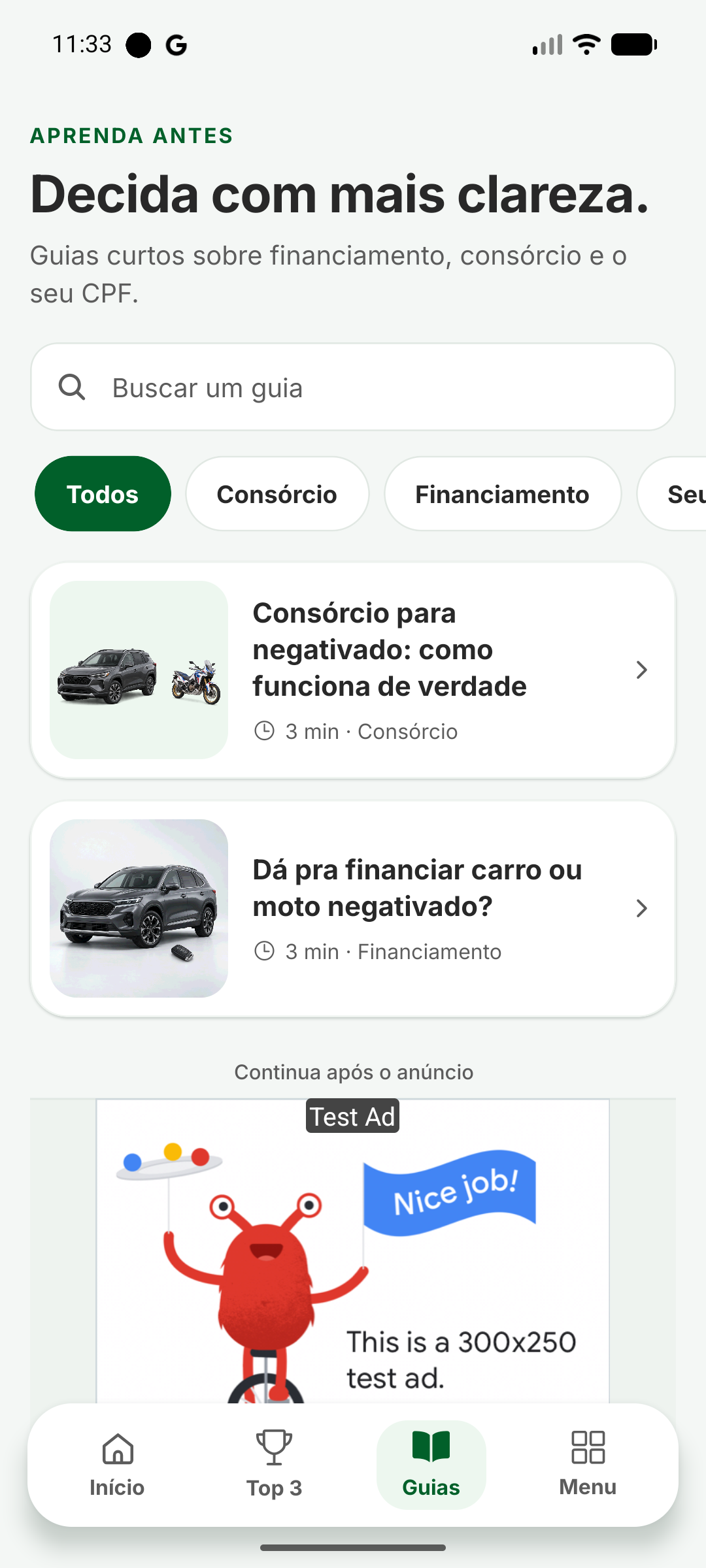 Lista de guias com busca e chips por tema