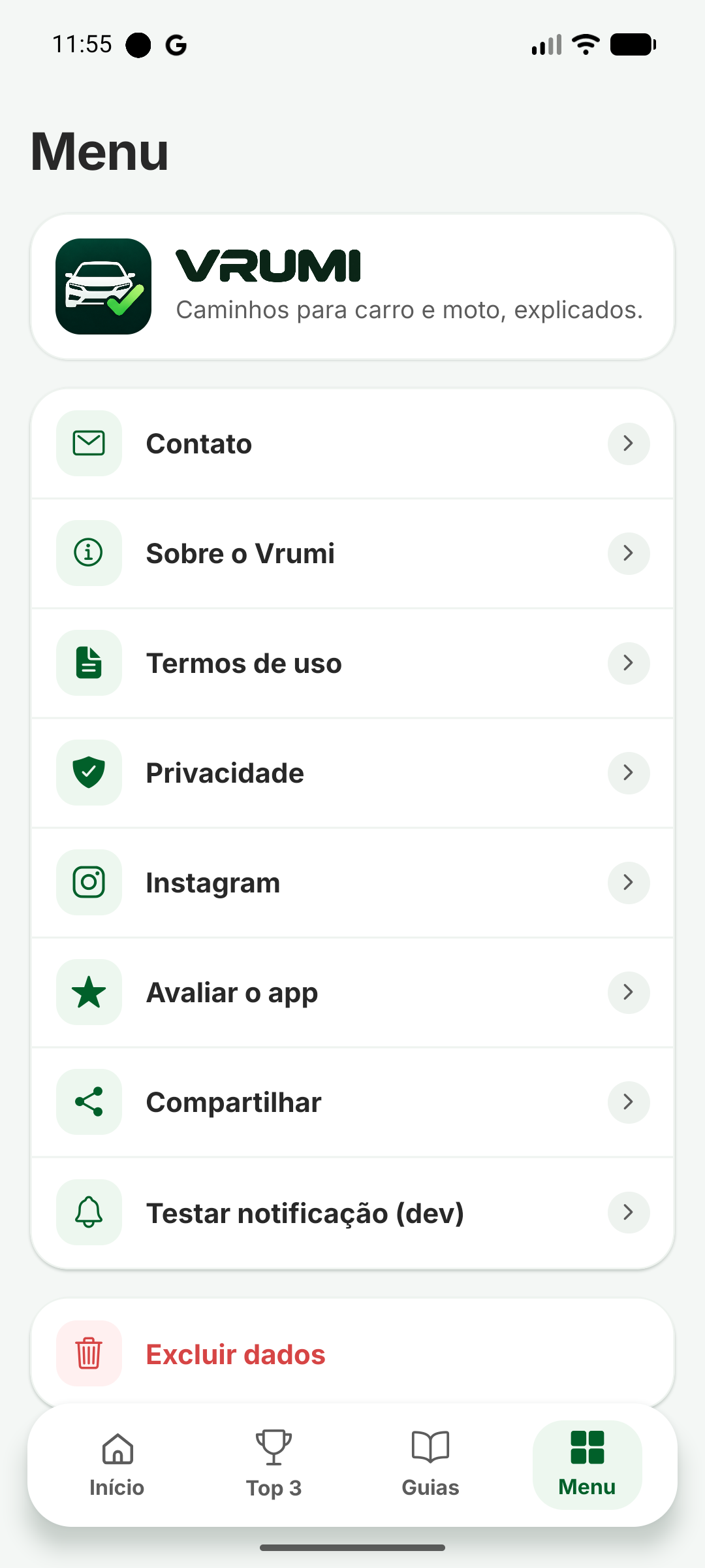 Menu do app