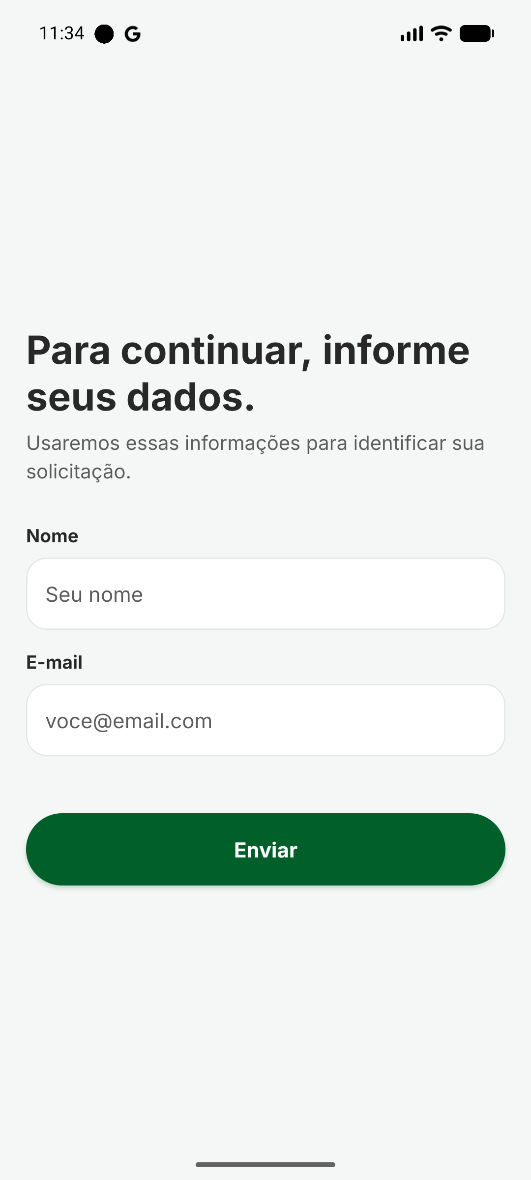 Formulário de contato com campos de nome e e-mail e botão Enviar