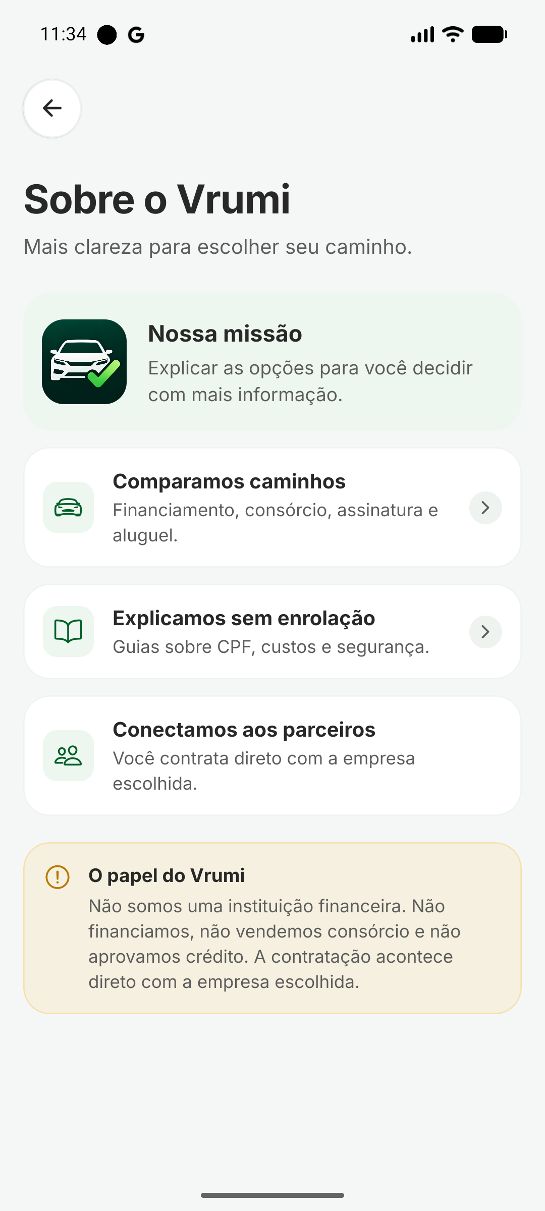 Tela Sobre o Vrumi com a missão e os três pilares
