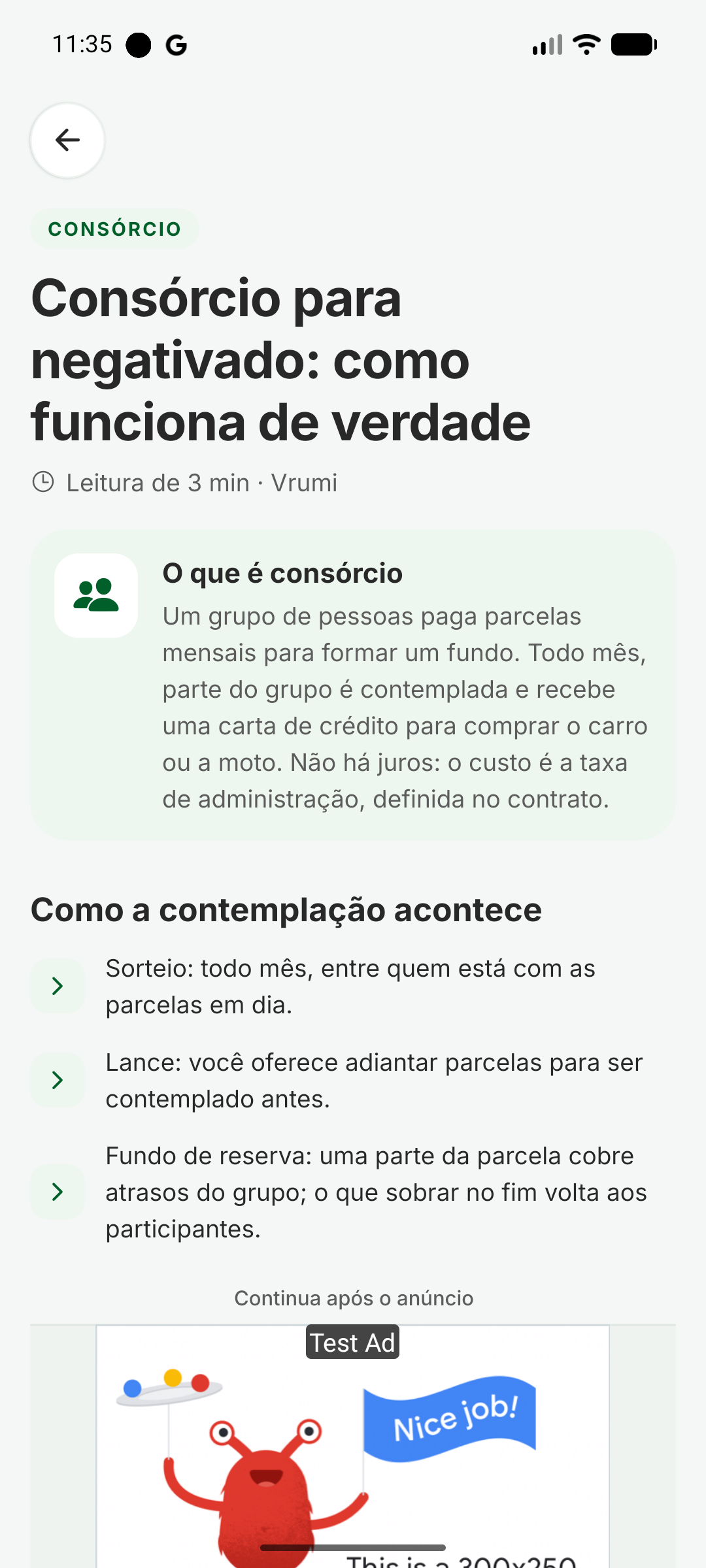 Guia de consórcio aberto, com o texto dividido em seções