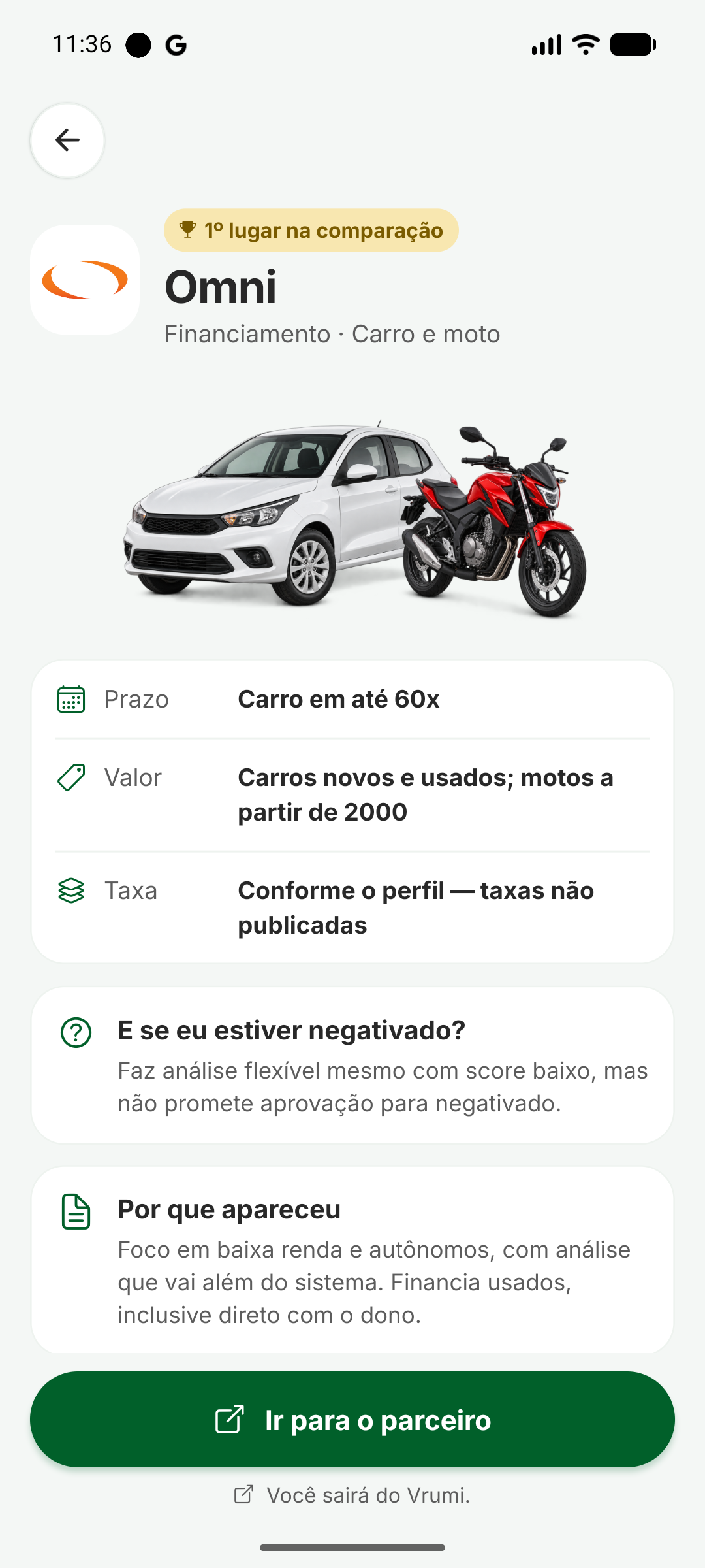Página do parceiro Omni com prazo, valor e taxa