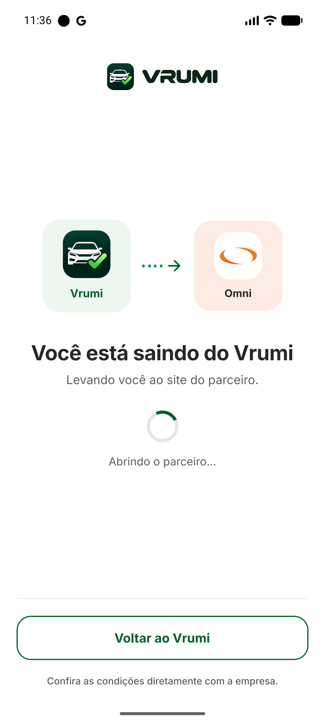 Tela de saída, com o ícone do Vrumi ligado ao do parceiro por uma seta
