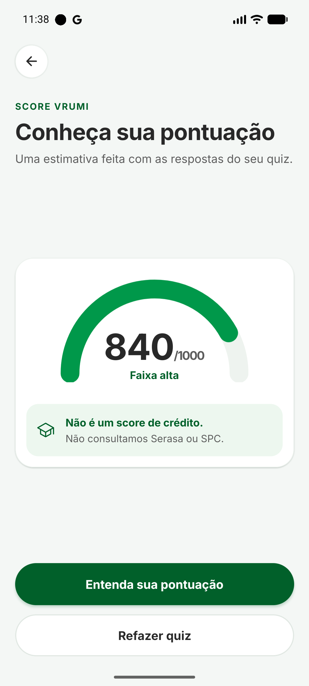 Score Vrumi mostrando 840 de 1000 e a faixa alta